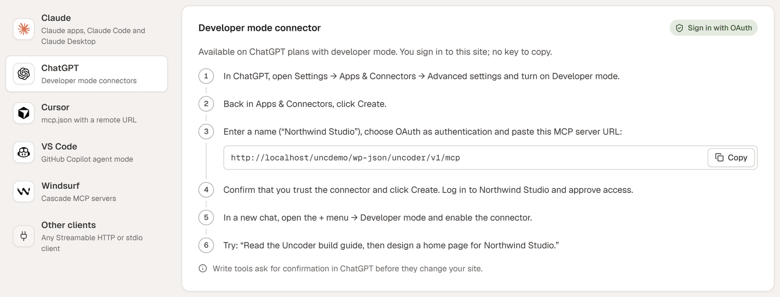 The ChatGPT instructions in Urmi: turn on developer mode, create a connector with OAuth and paste the MCP server URL