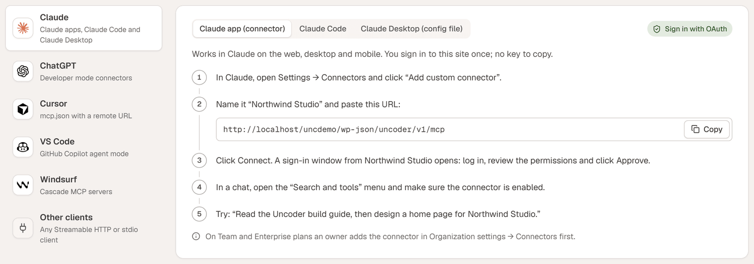 The Claude app (connector) instructions in Urmi: add a custom connector, paste the Server URL, click Connect and approve