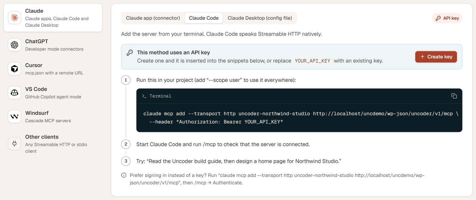 The Claude Code instructions: a terminal command with claude mcp add, the server name, the Server URL and an Authorization header