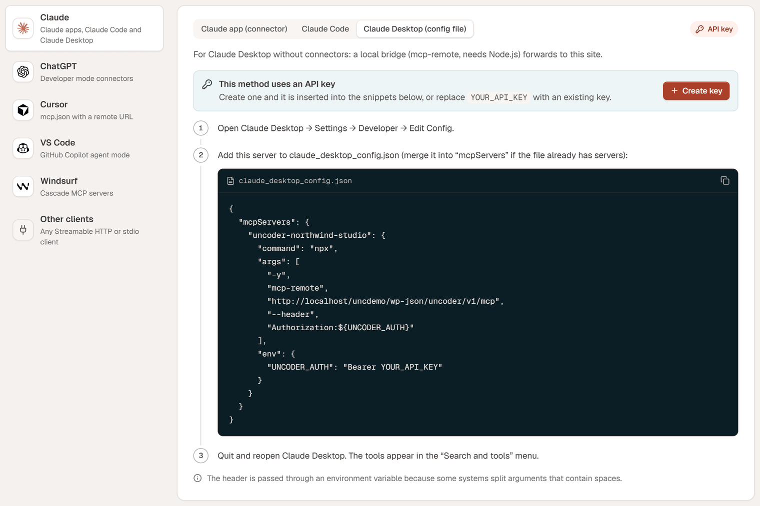 The Claude Desktop instructions: open the config file and add an mcpServers entry that runs npx mcp-remote with the Server URL