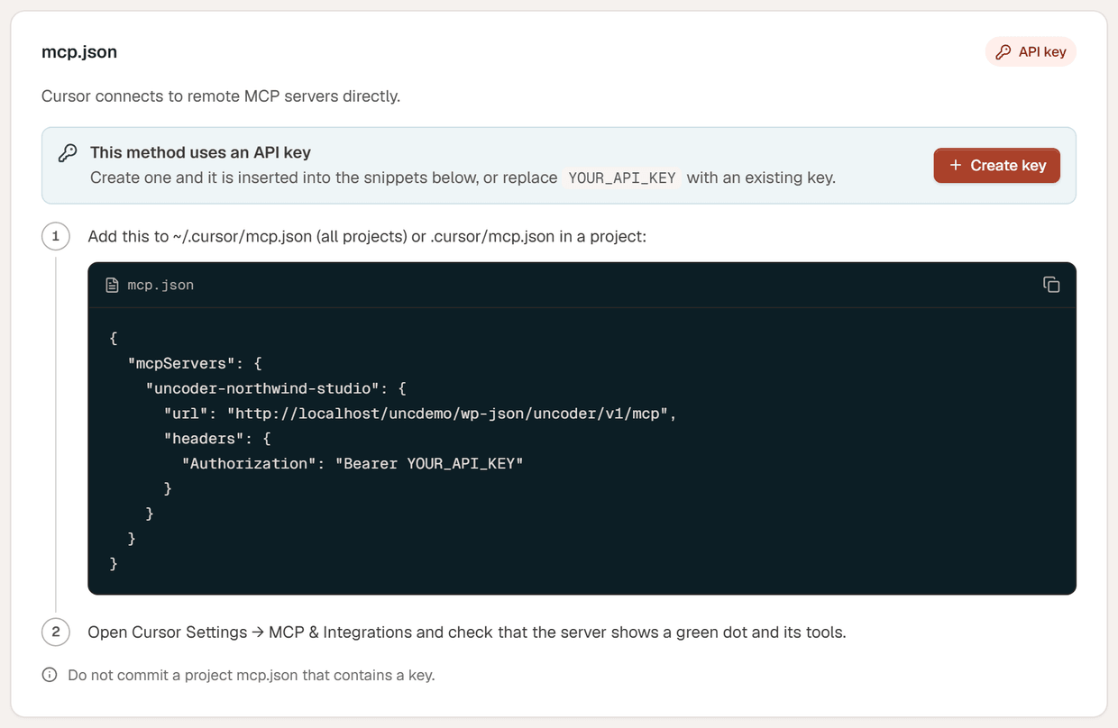 The Cursor instructions: add an mcpServers entry with the url and an Authorization header to mcp.json, then check the server in Cursor Settings