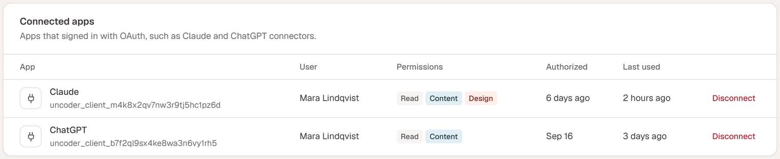 The Connected apps tab listing Claude and ChatGPT with the user who approved them, their permissions, when they were authorized and last used, and a Disconnect button