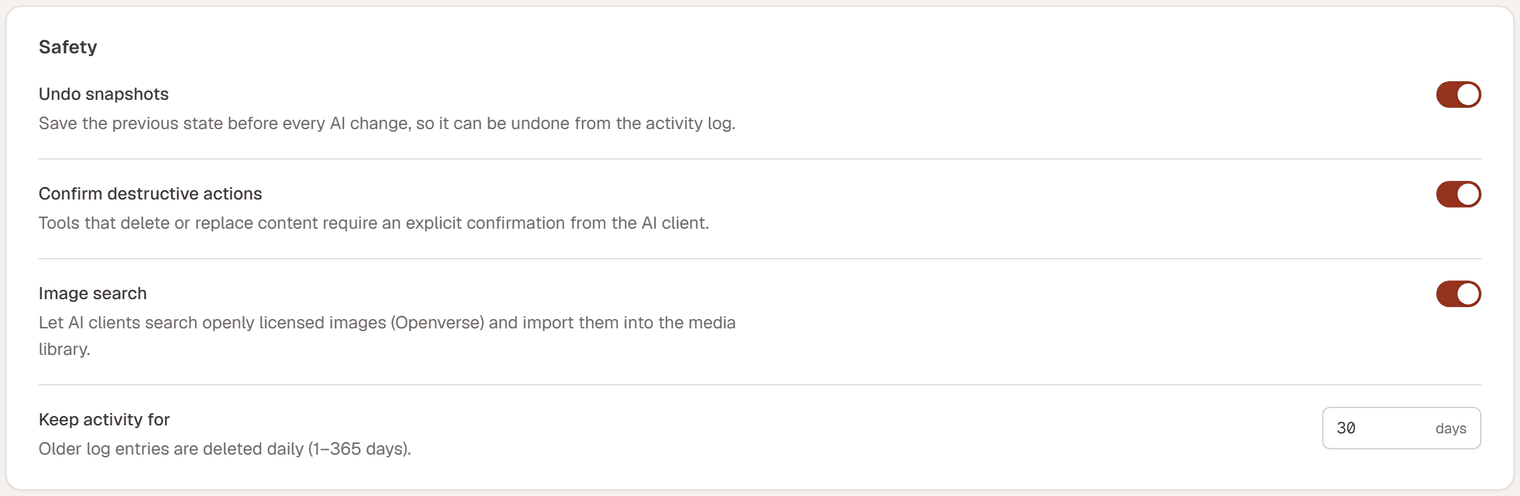 The Safety card: Undo snapshots, Confirm destructive actions and Image search turned on, Keep activity for 30 days