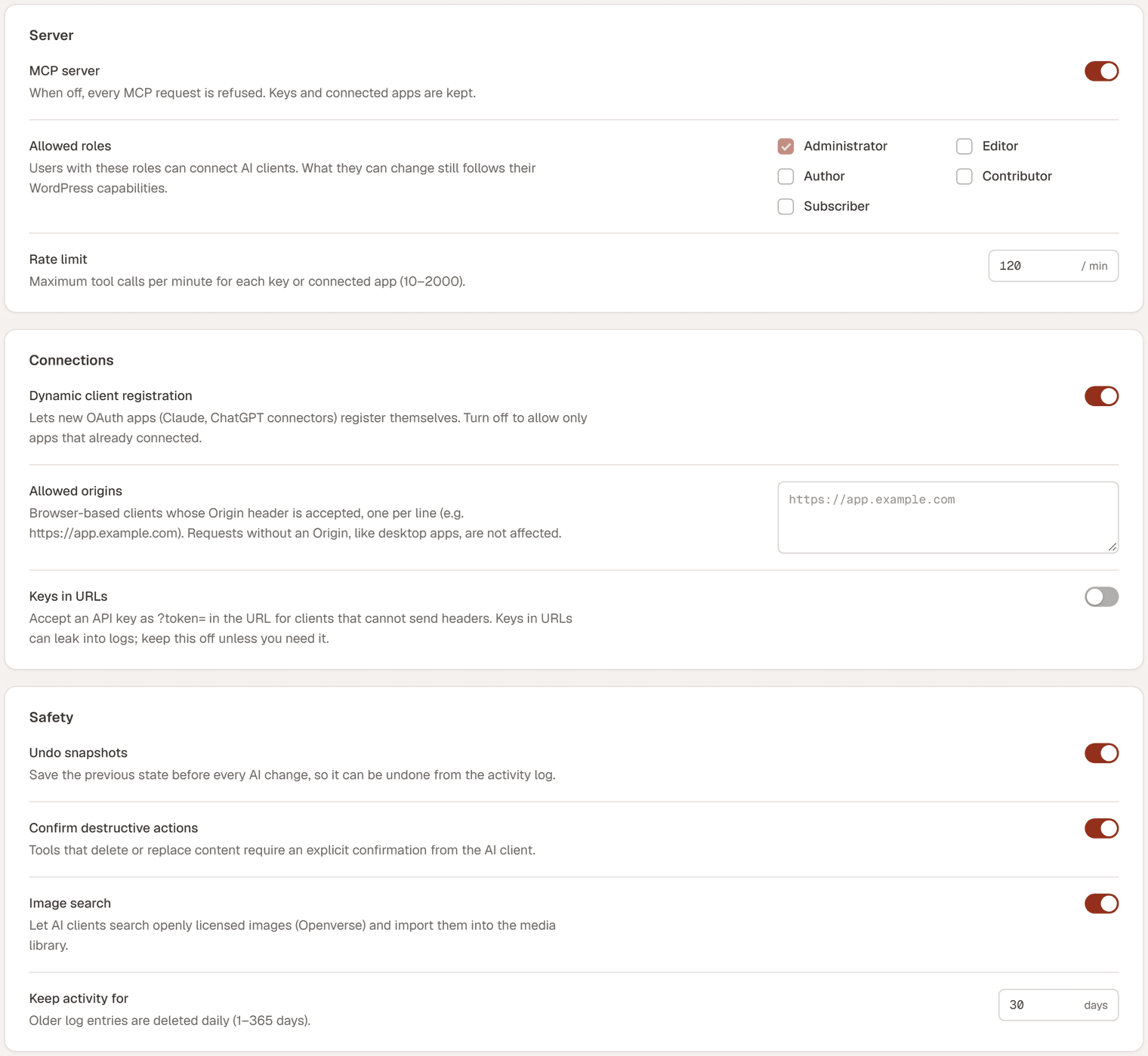 The Server settings tab with three cards: Server (MCP server, Allowed roles, Rate limit), Connections (Dynamic client registration, Allowed origins, Keys in URLs) and Safety (Undo snapshots, Confirm destructive actions, Image search, Keep activity for)