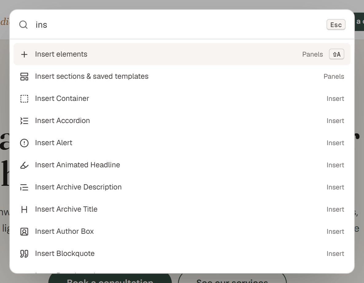 The command palette with the search ins typed and results such as Insert elements, Insert sections & saved templates and several Insert widget commands