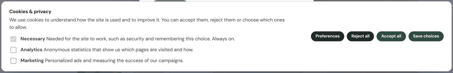 The banner with Preferences open: Necessary (always on), Analytics and Marketing checkboxes, and a Save choices button