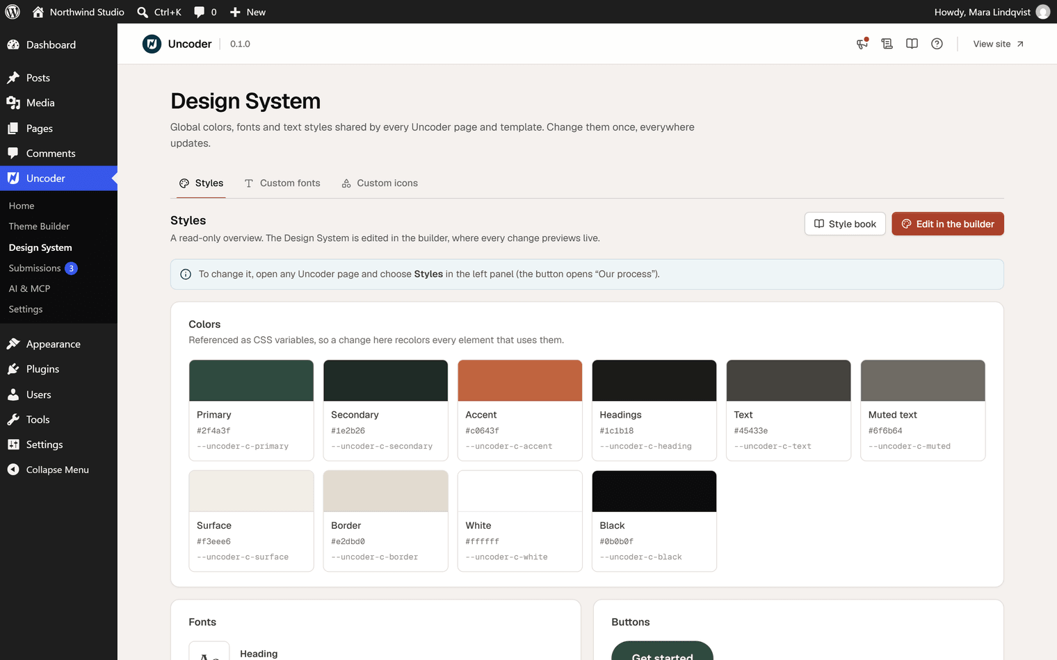 The Design System admin screen with the Styles tab, showing color swatches, fonts, the button preview and text styles