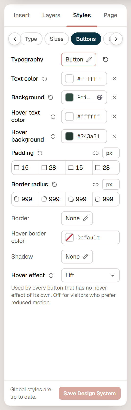 The Buttons tab of the Design System with Typography, Text color, Background, Hover text color, Hover background, Padding, Border radius, Border, Hover border color, Shadow and Hover effect