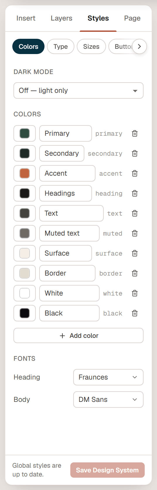 The Styles tab in the editor's left panel with the Colors tab open, showing the dark mode setting, ten colors and the heading and body fonts