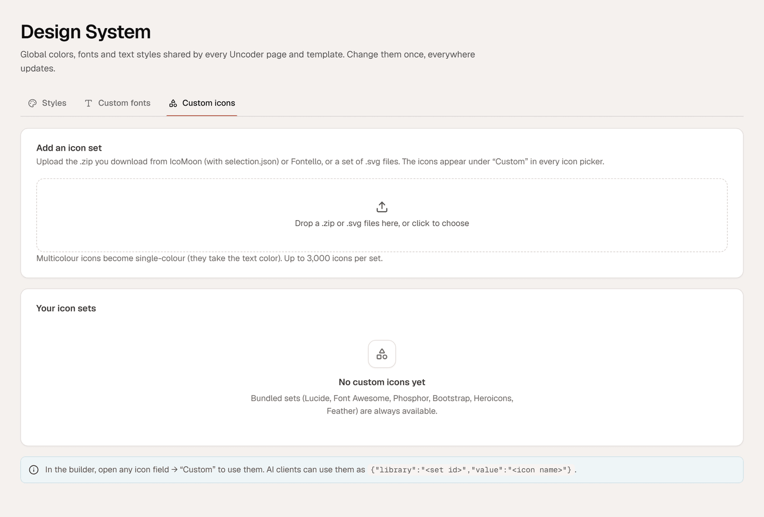 The Custom icons tab with the Add an icon set upload area and the Your icon sets card