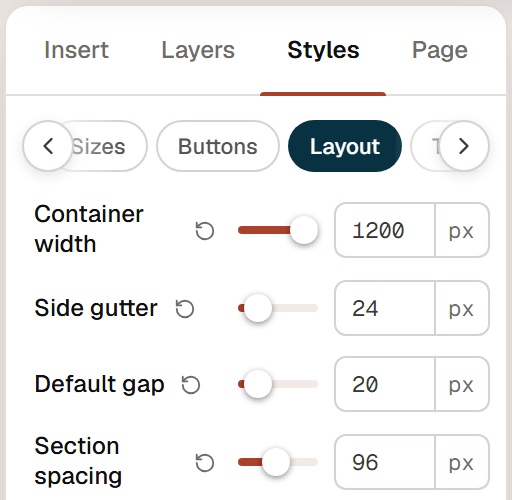 The Layout tab of the Design System with Container width 1200 px, Side gutter 24 px, Default gap 20 px and Section spacing 96 px