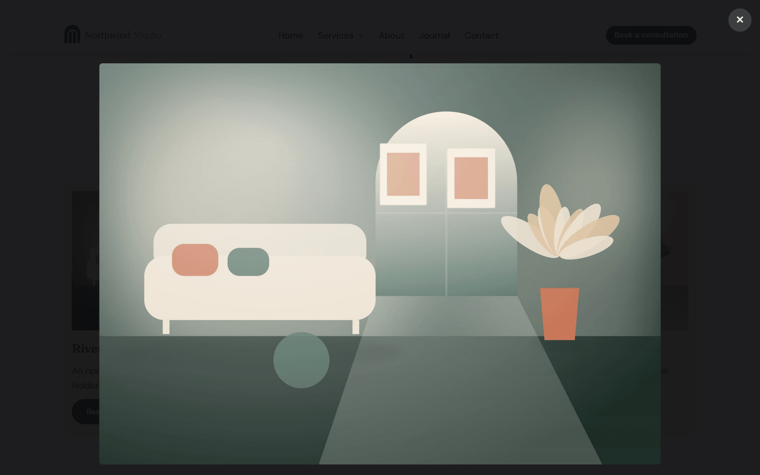 An interior image of the Project gallery page open in the lightbox, full screen on a dark background with the close button in the corner