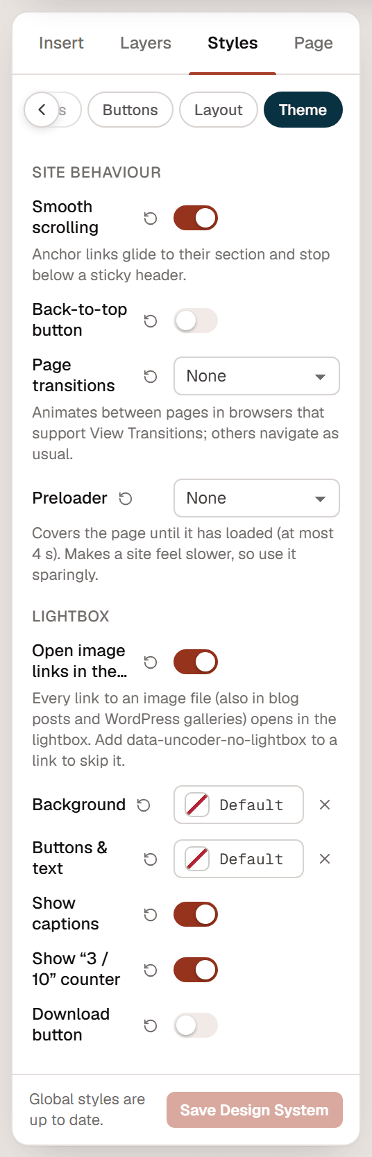 The Lightbox settings in the Theme tab: Open image links in the lightbox, Background, Buttons & text, Show captions, Show 3 / 10 counter and Download button