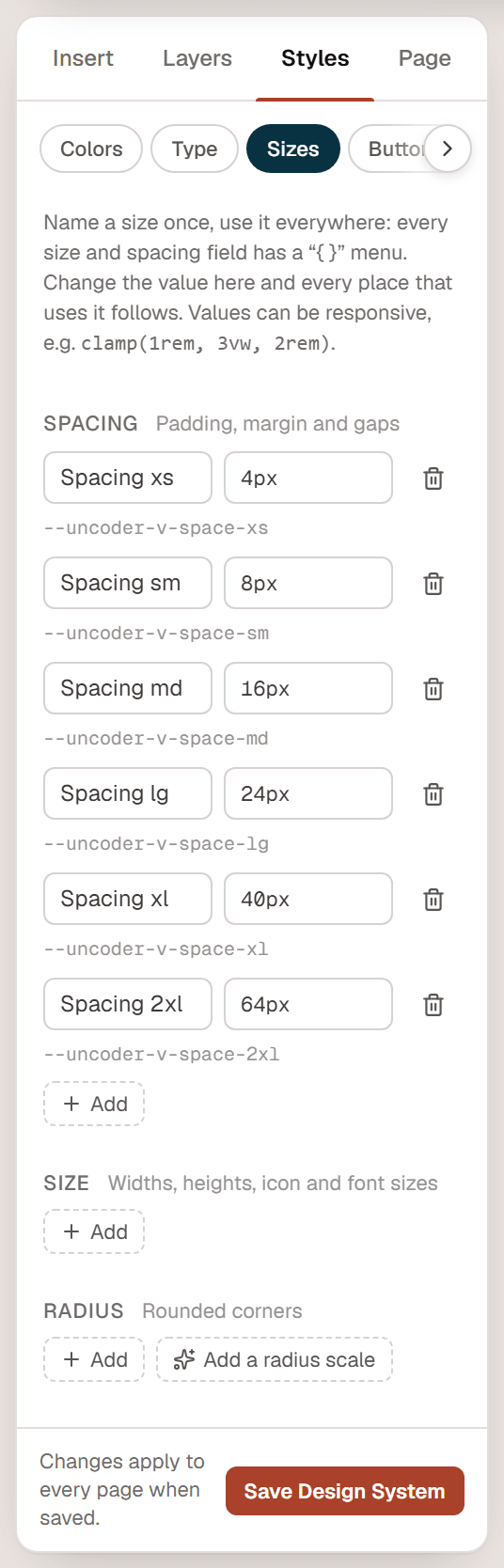 The Sizes tab of the Design System with a spacing scale from xs to 2xl, and the Size, Radius and Other groups
