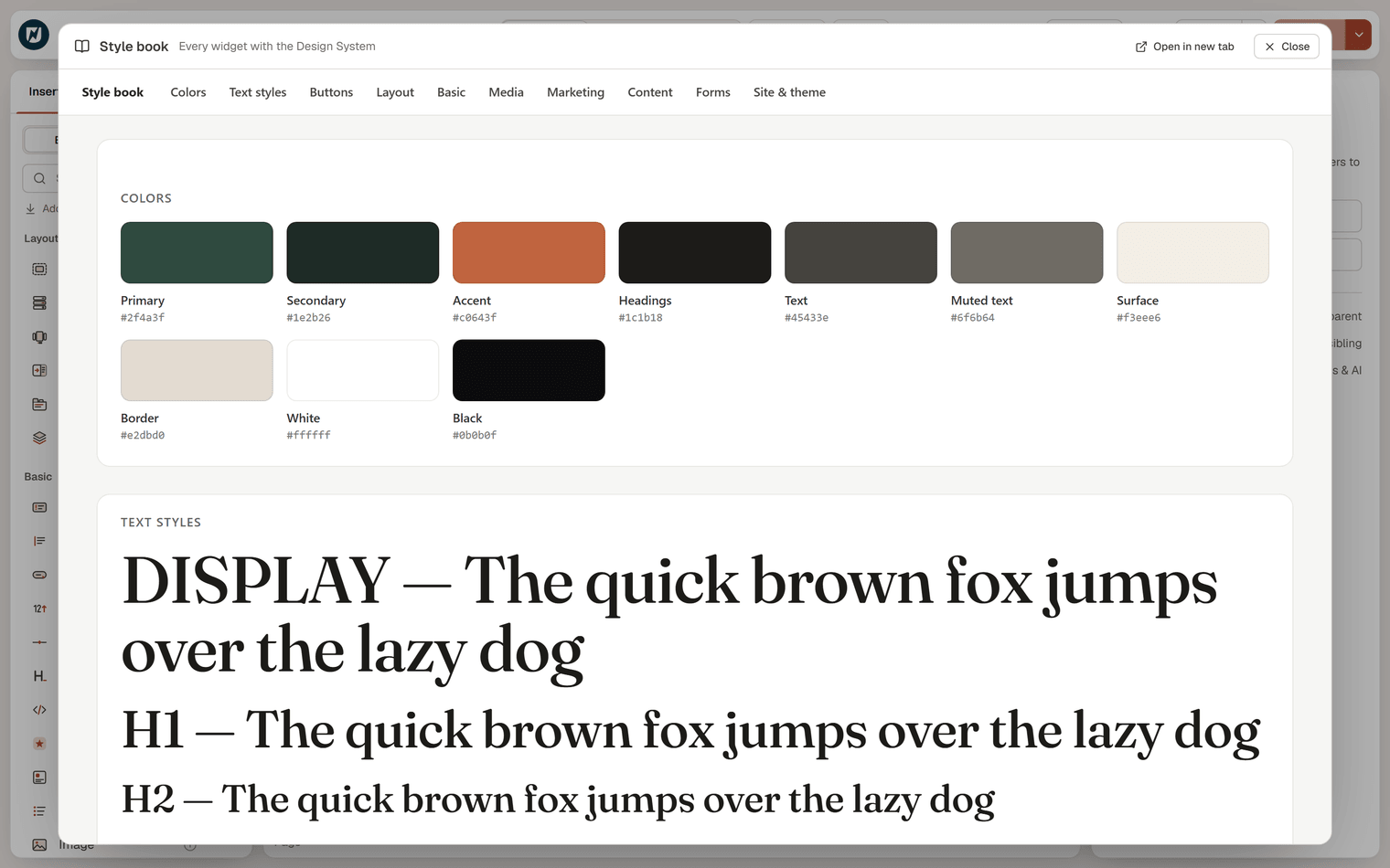 The style book open over the editor, with its section links (Colors, Text styles, Buttons and the widget groups), the color swatches and the first text styles