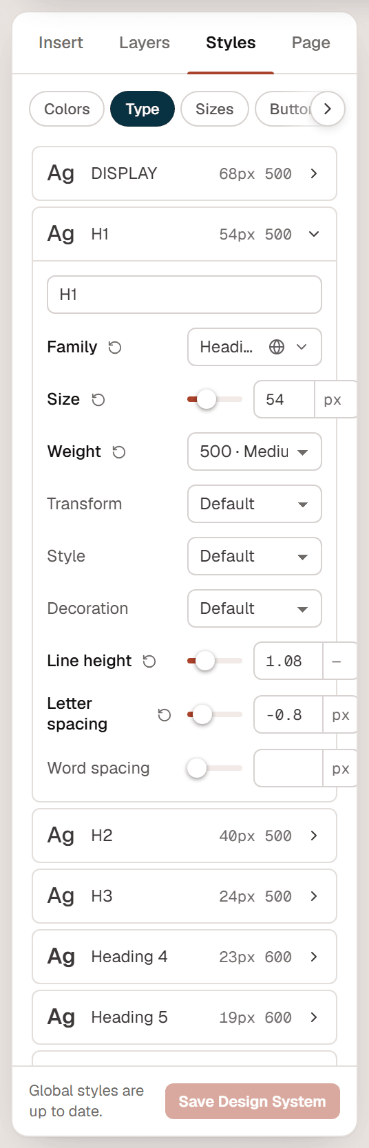 The H1 text style opened in the Type tab, with its name and the Family, Size, Weight, Transform, Style, Decoration, Line height, Letter spacing and Word spacing fields