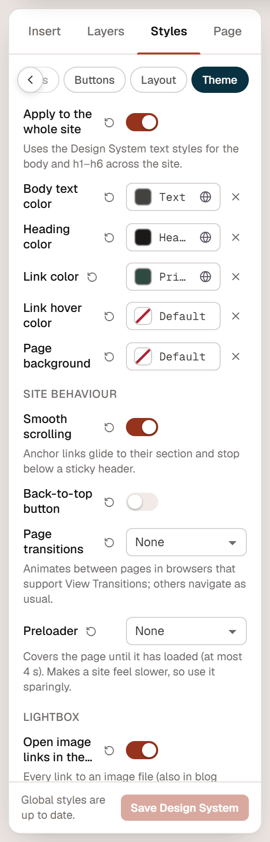 The Theme tab of the Design System with Apply to the whole site, the body, heading and link colors, Page background and the Site behaviour settings