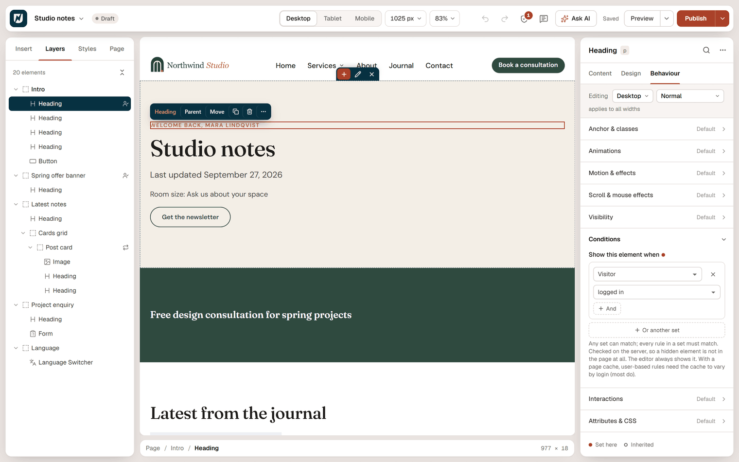 The Conditions section of a heading with the rule Visitor is logged in