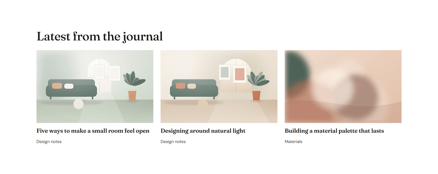 Three post cards with images, titles and categories in a row under the heading Latest from the journal