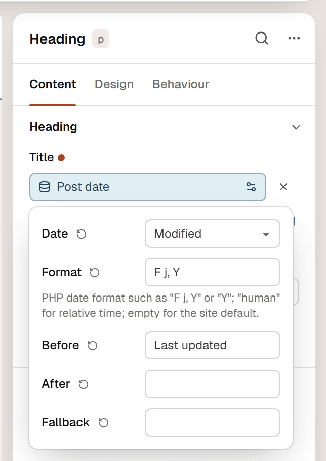 The Dynamic tag settings popover of a Post date tag with Date set to Modified, a format, and Last updated in Before