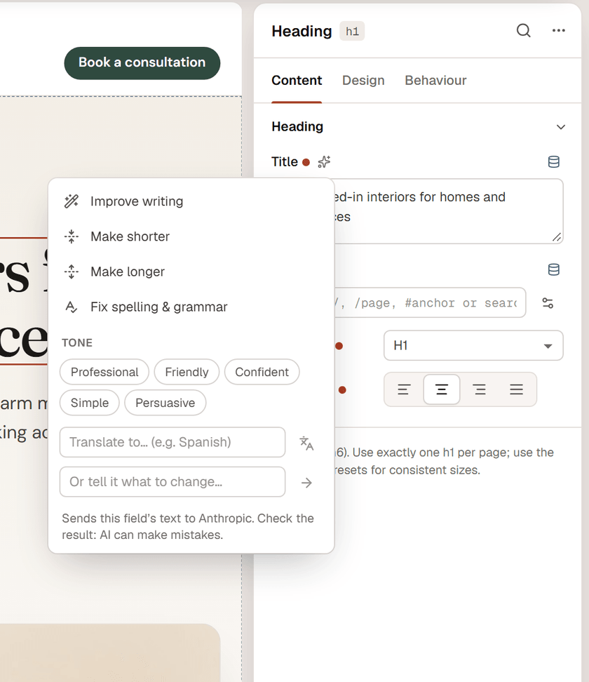 The AI writing menu on a heading's Title field: Improve writing, Make shorter, Make longer, Fix spelling & grammar, tone buttons, a Translate to field and a custom instruction field
