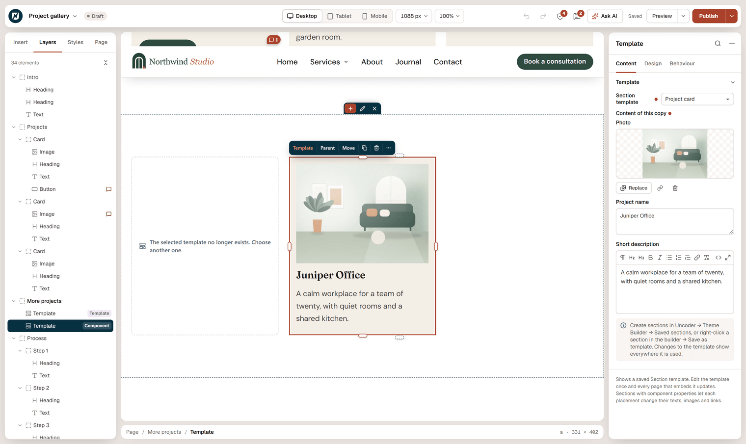 The Template widget selected on the Project gallery page, with the section Project card chosen and the fields Photo, Project name and Short description under Content of this copy