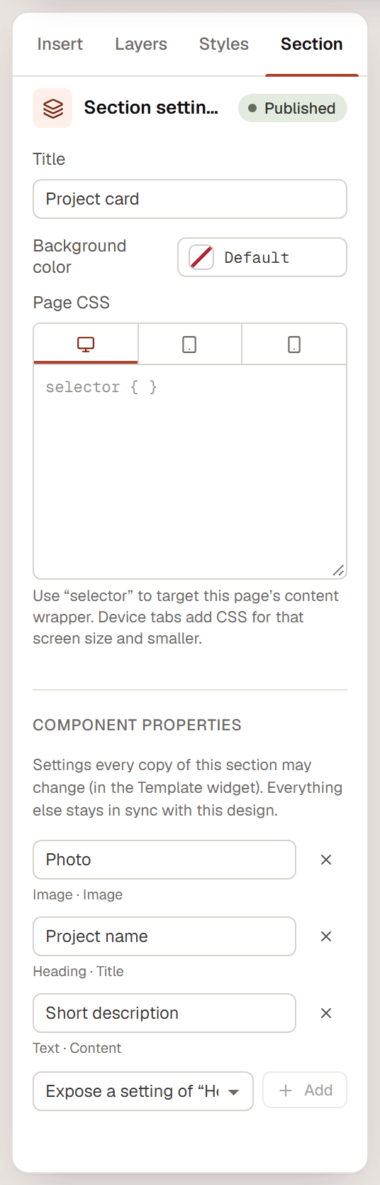 The Section settings panel of the Project card section, listing three component properties: Photo, Project name and Short description