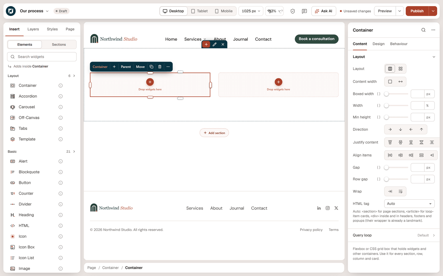 The editor with a new two-column section on the page Our process: two empty columns with Drop widgets here, and the Insert panel on the left showing Adds inside Container