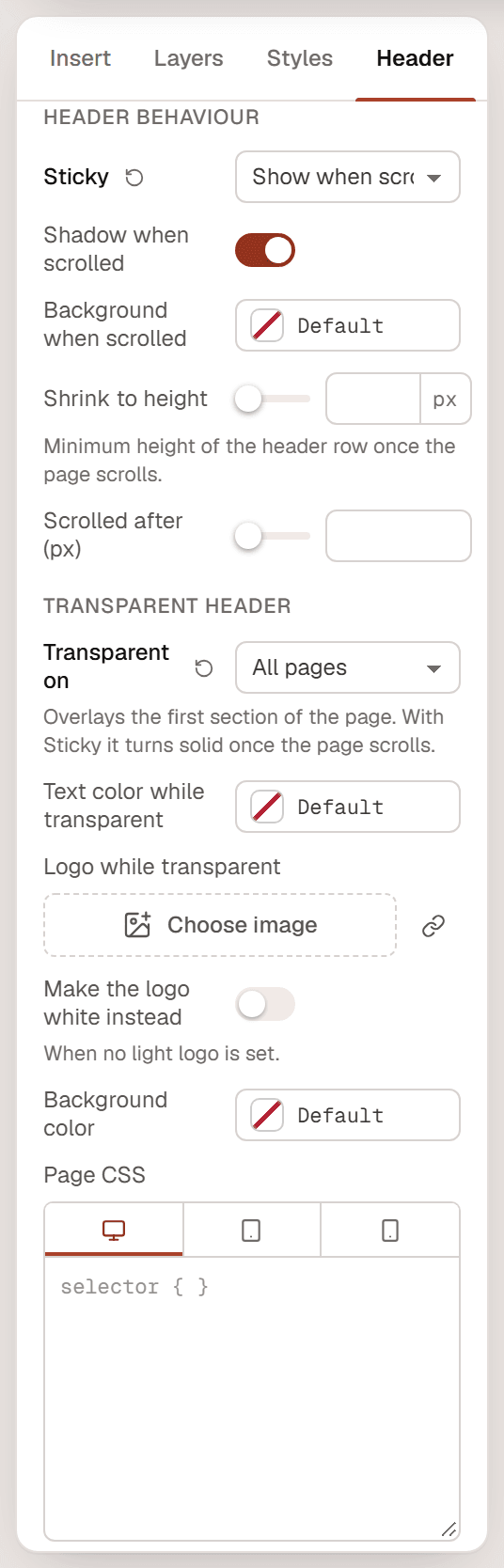 The Header settings panel with Header behaviour: Sticky set to Show when scrolling up, Shadow when scrolled, Background when scrolled, Shrink to height, Scrolled after, and the Transparent header options