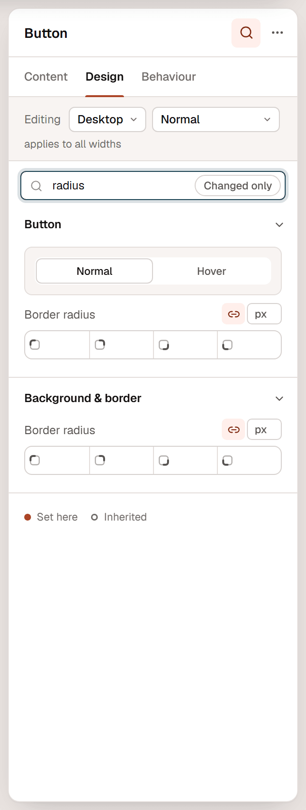 The inspector search with the word radius typed, showing the matching Border radius settings from the Design tab