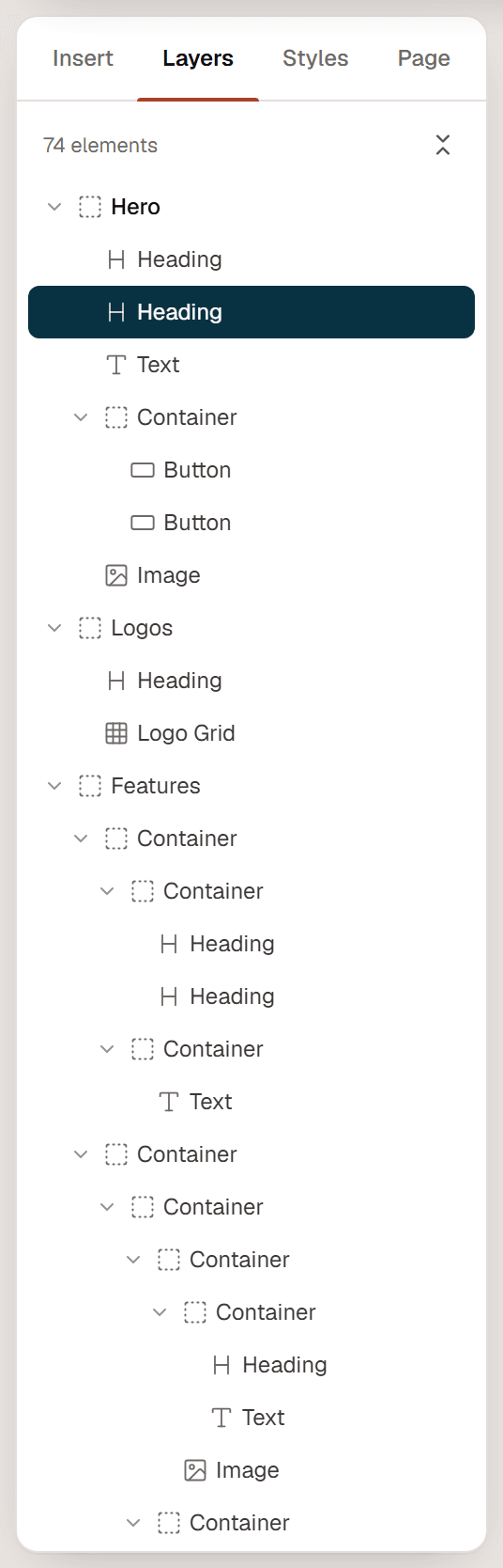 The Layers panel showing the Home page tree with Hero, Logos and Features sections, and a selected Heading
