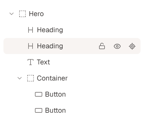 A Layers row with the Lock, Hide on the site and Scroll to element buttons shown on hover