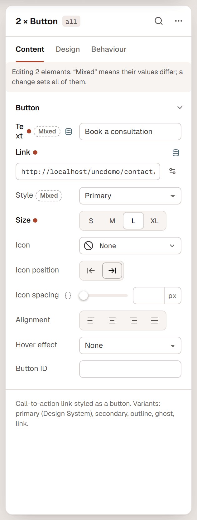 The inspector editing two buttons at once, with the title 2 × Button and a note explaining Mixed values
