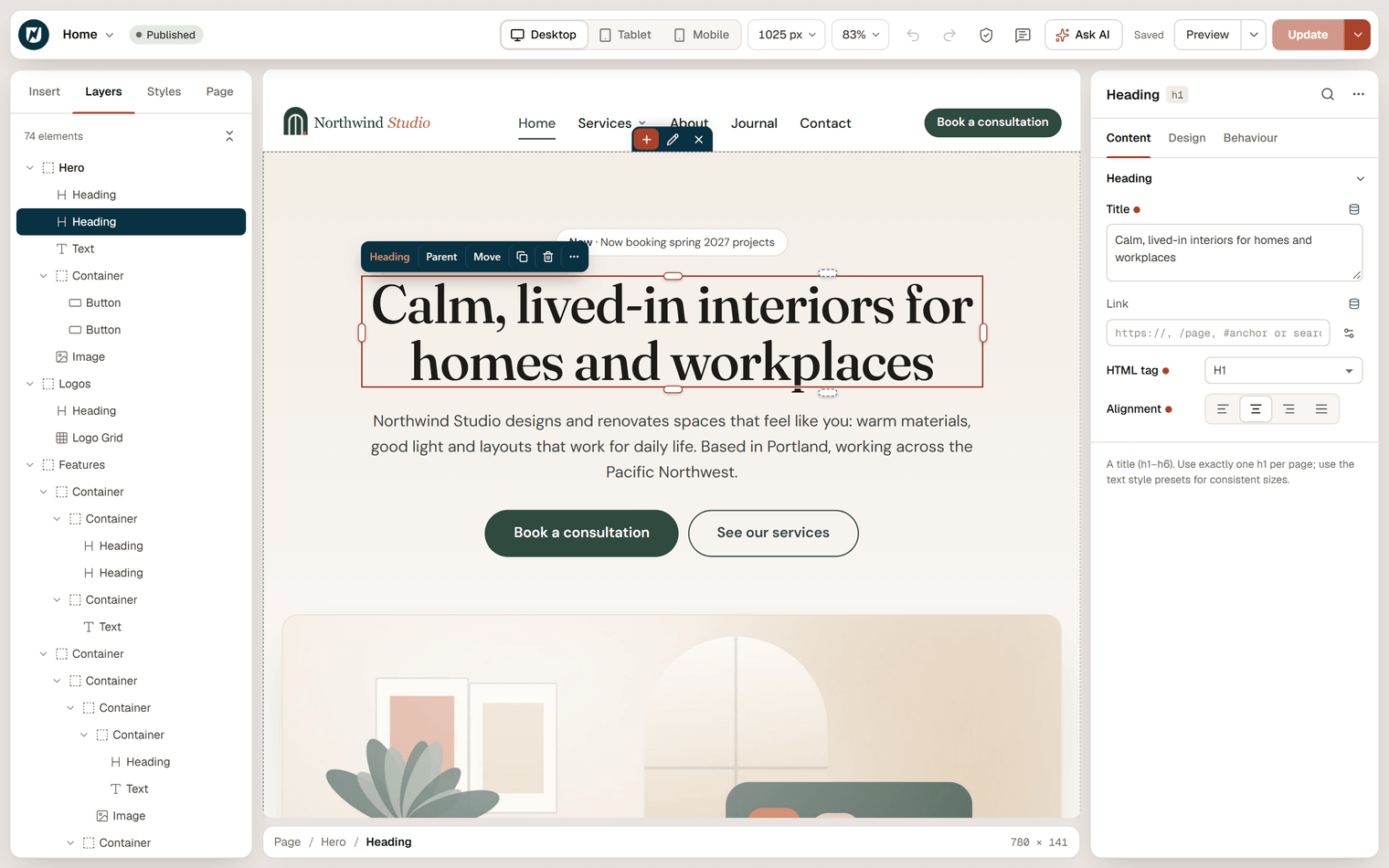 The Urmi editor with the Northwind Studio home page open, the Layers panel on the left and the inspector on the right