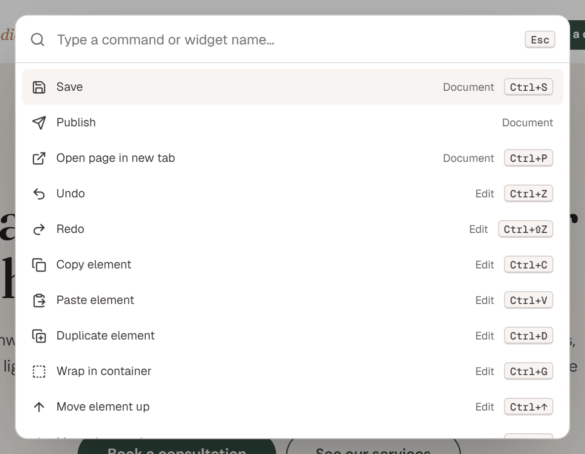 The command palette with an empty search, listing Document, Edit and Panels commands with their keyboard shortcuts