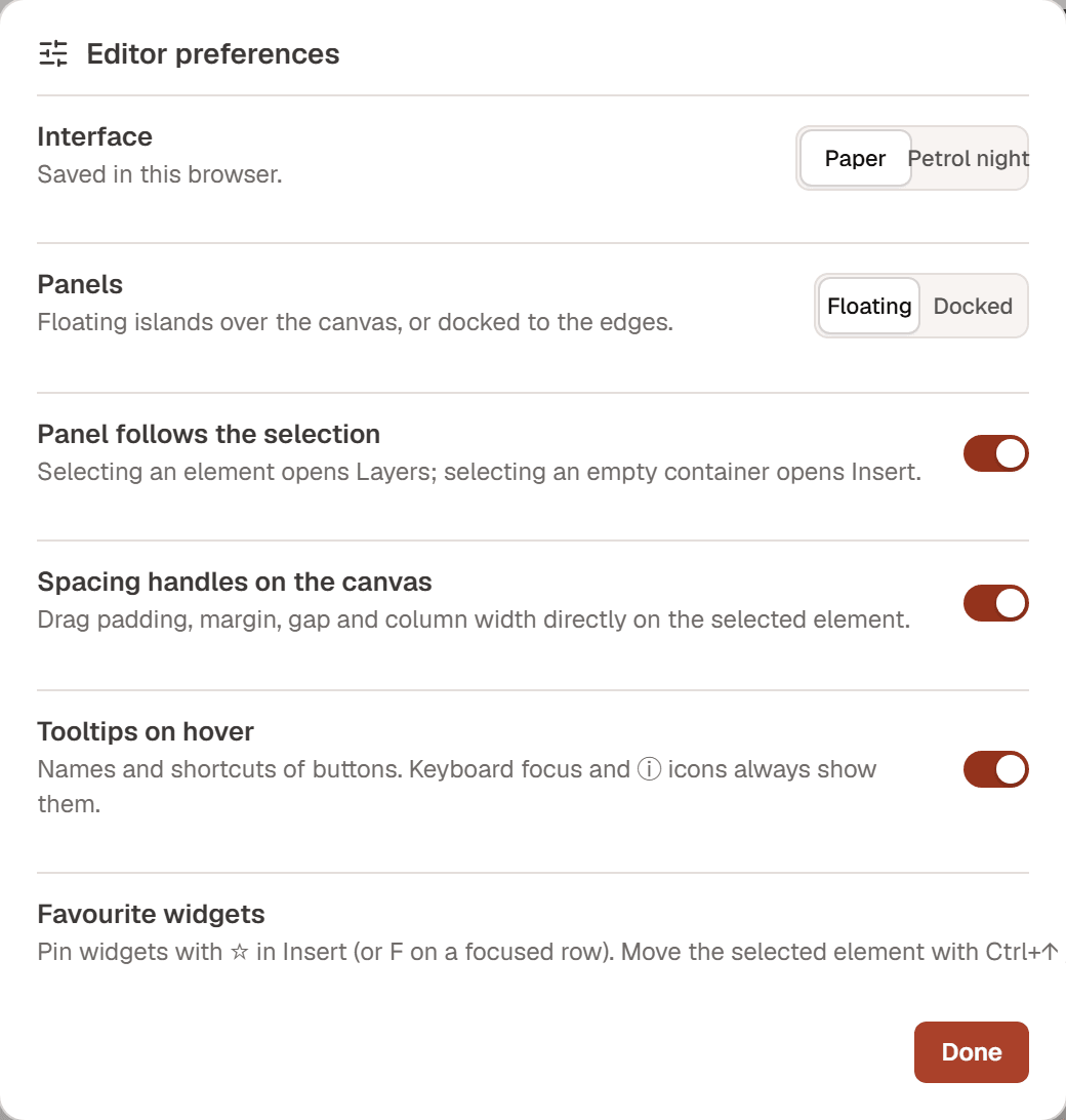 The Editor preferences dialog with Interface, Panels, Panel follows the selection, Spacing handles on the canvas, Tooltips on hover and Favourite widgets