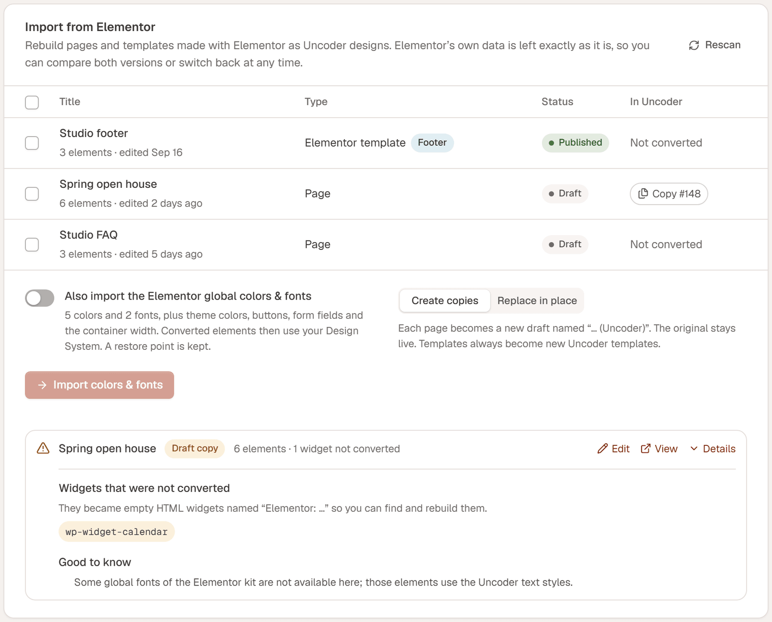 The result of converting Spring open house: a Draft copy with 6 elements and 1 widget not converted, and the details open showing wp-widget-calendar under Widgets that were not converted and a Good to know note