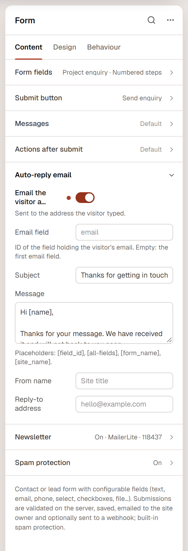 The Auto-reply email section: Email the visitor a confirmation on, with Email field, Subject, Message, From name and Reply-to address