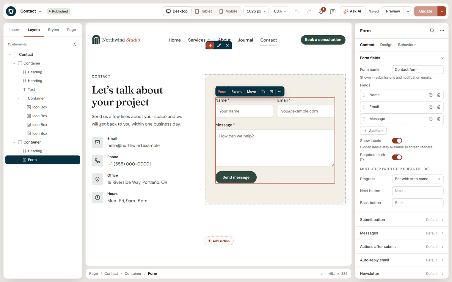 The Contact page in the editor with the Form widget selected; the inspector shows the Form fields section with Name, Email and Message