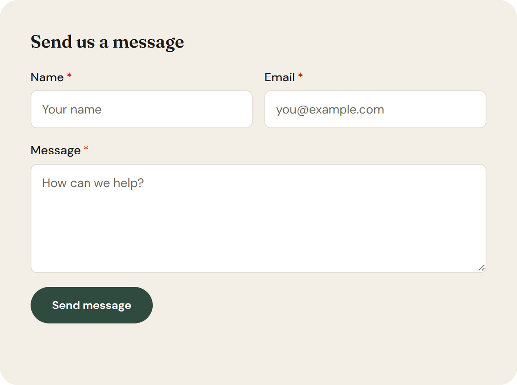 The contact form on the live Contact page: Name, Email and Message fields and a Send message button