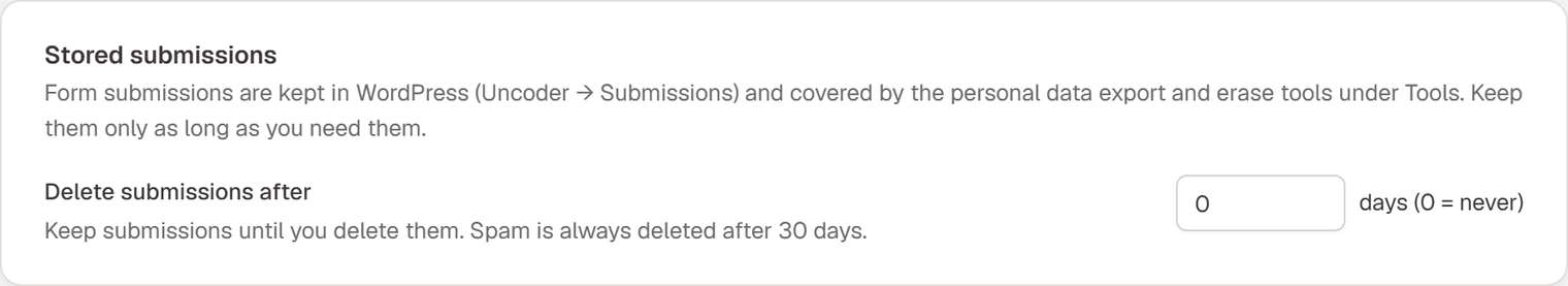 The Stored submissions card in Settings → Forms with Delete submissions after set to 0 days