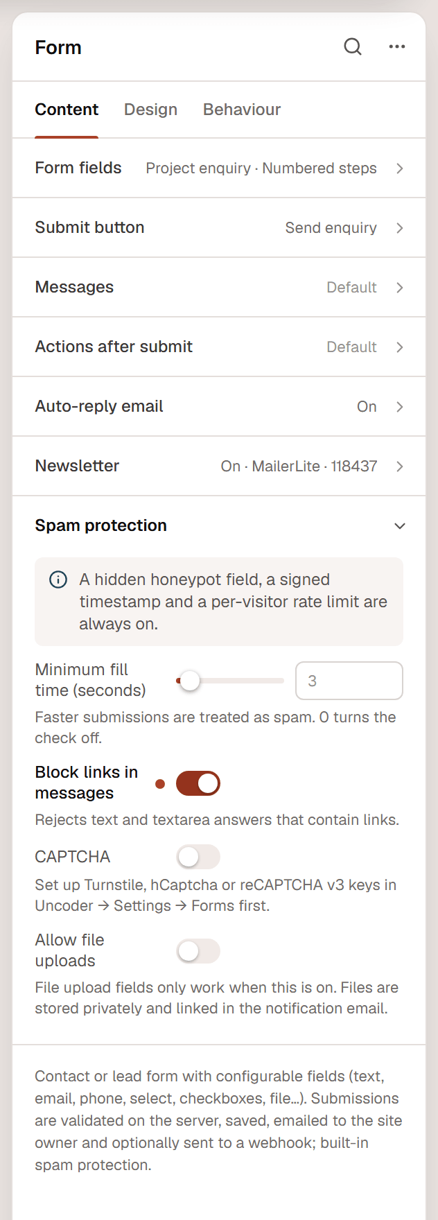 The Spam protection section of a Form widget: a note about the built-in checks, Minimum fill time, Block links in messages, CAPTCHA and Allow file uploads