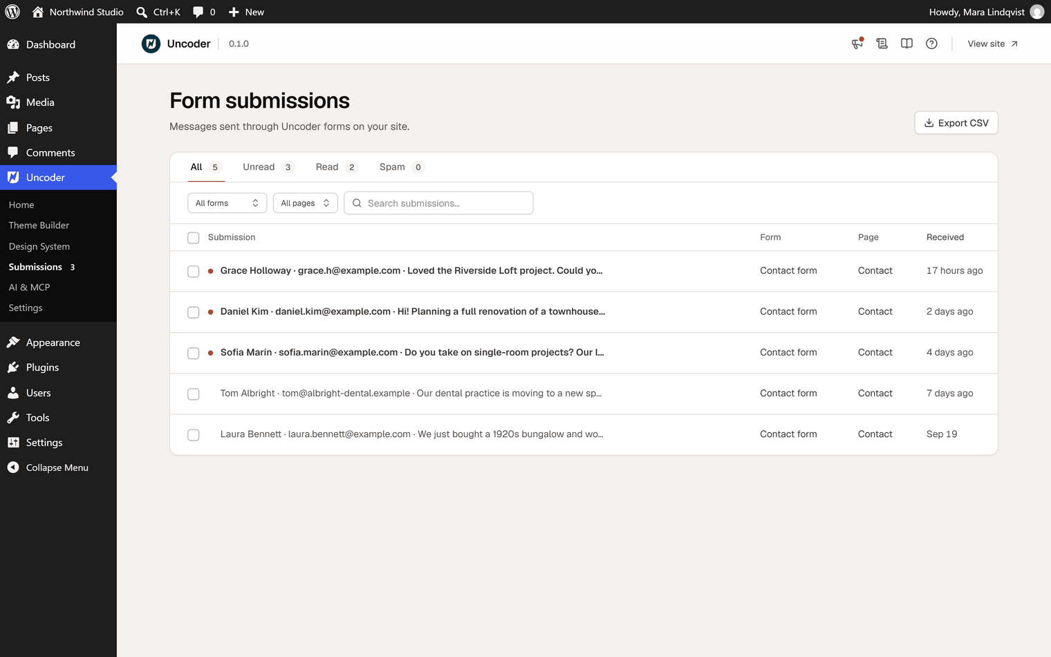 The Form submissions screen with All, Unread, Read and Spam tabs, filters for forms and pages, a search box and five submissions