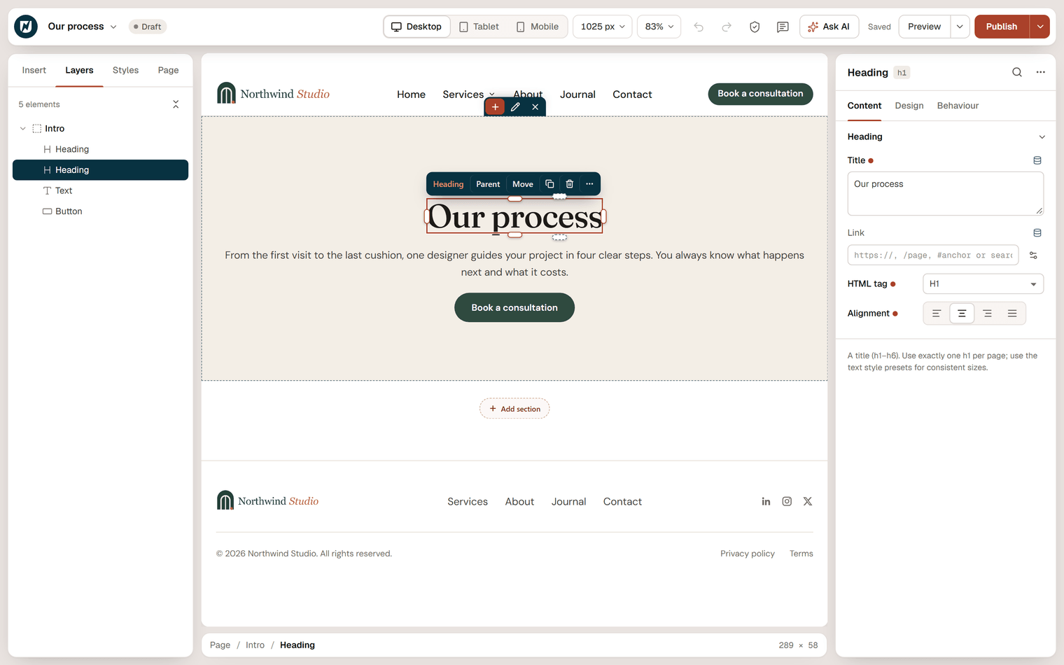 The page Our process with the heading selected: the canvas shows Our process above a paragraph and a Book a consultation button, and the Content tab shows the Title, Link, HTML tag H1 and Alignment settings