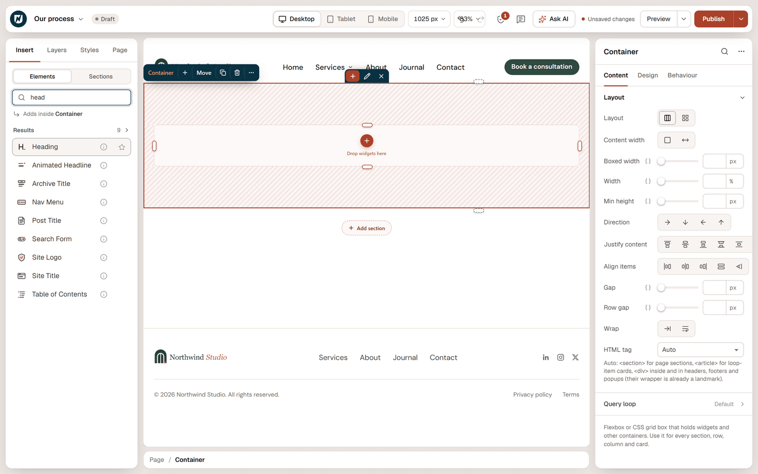 The Insert panel with head typed in the search and Heading as the first result, next to a new empty one-column section on the canvas