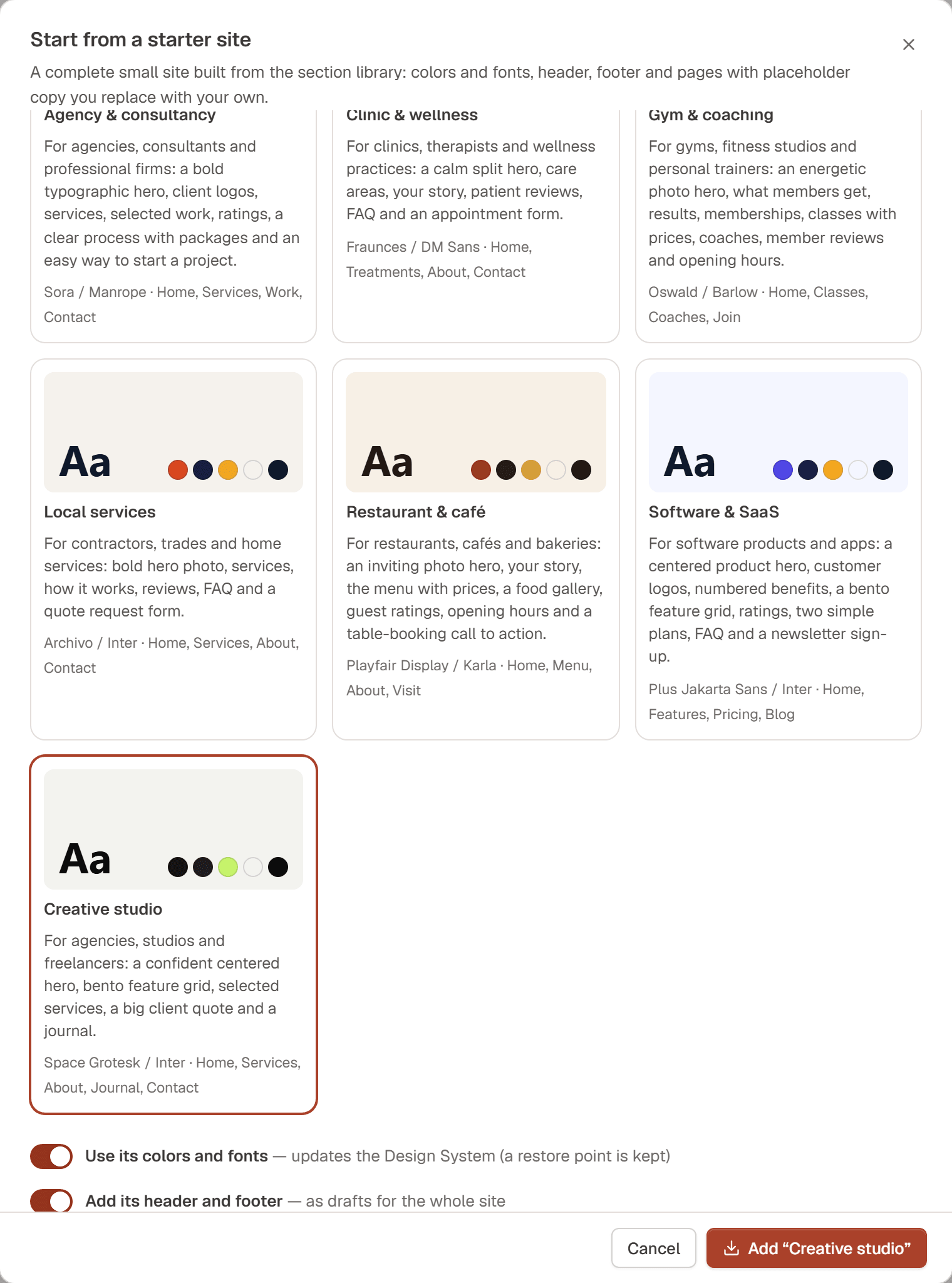 The Start from a starter site dialog with kits such as Agency & consultancy, Clinic & wellness and Creative studio, each with its fonts, colors and pages, and the options Use its colors and fonts and Add its header and footer