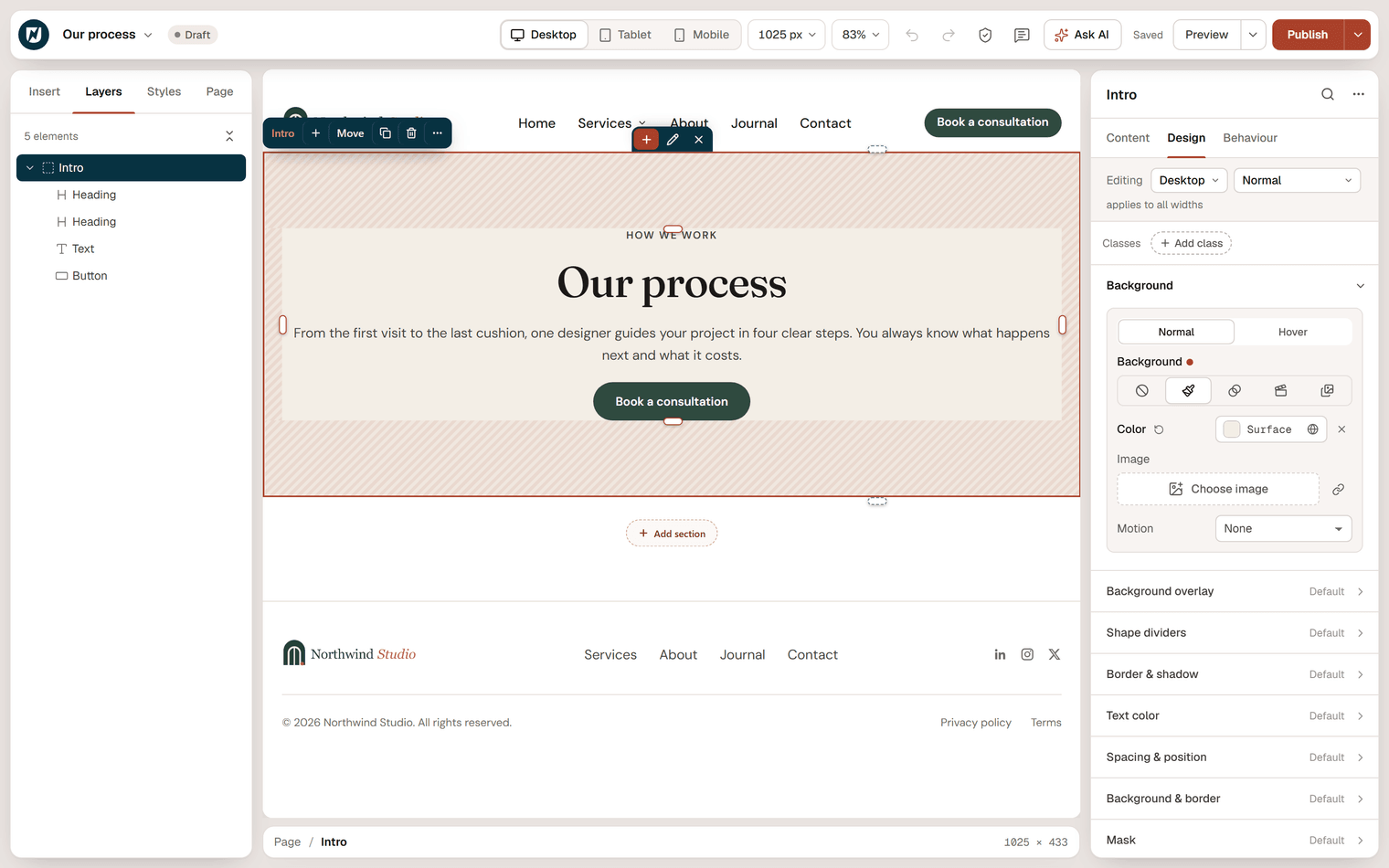 The section Intro selected with the Design tab open: the Background section with Classic chosen and the color Surface from the site colors