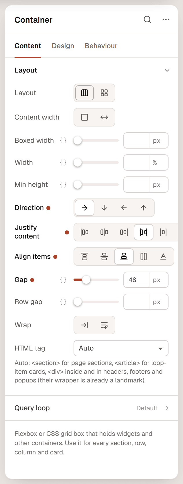 The Layout section of a container's Content tab with Layout, Content width, Boxed width, Width, Min height, Direction, Justify content, Align items, Gap, Row gap, Wrap and HTML tag