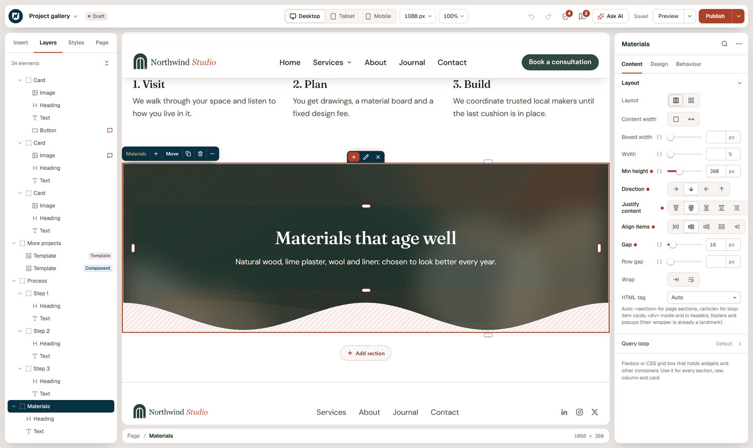 The Materials section of the Project gallery page: a background image with a dark overlay runs edge to edge, while the heading and text stay centered, with a wave divider at the bottom