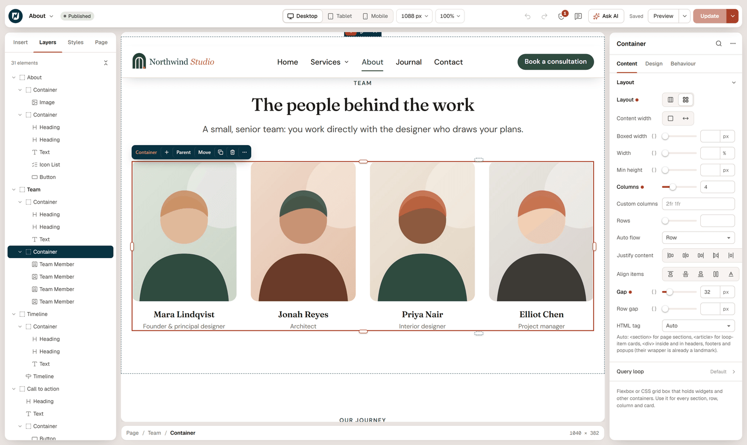 The Team section of the About page: a grid container with four team members selected, and its Layout settings with Layout set to Grid and Columns 4